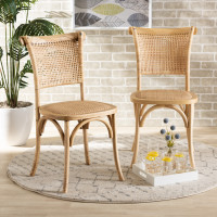 Baxton Studio FC29-Natural Wood-Toona wood/Rattan-DC Fields Mid-Century Modern Brown Woven Rattan and Wood 2-Piece Cane Dining Chair Set 